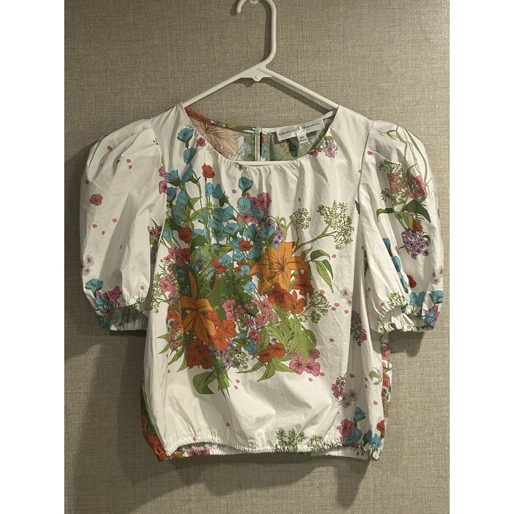 Chelsea Theadore Cotton blouse, Boho Floral, Puffed Sleeve, peasant, feminine. M